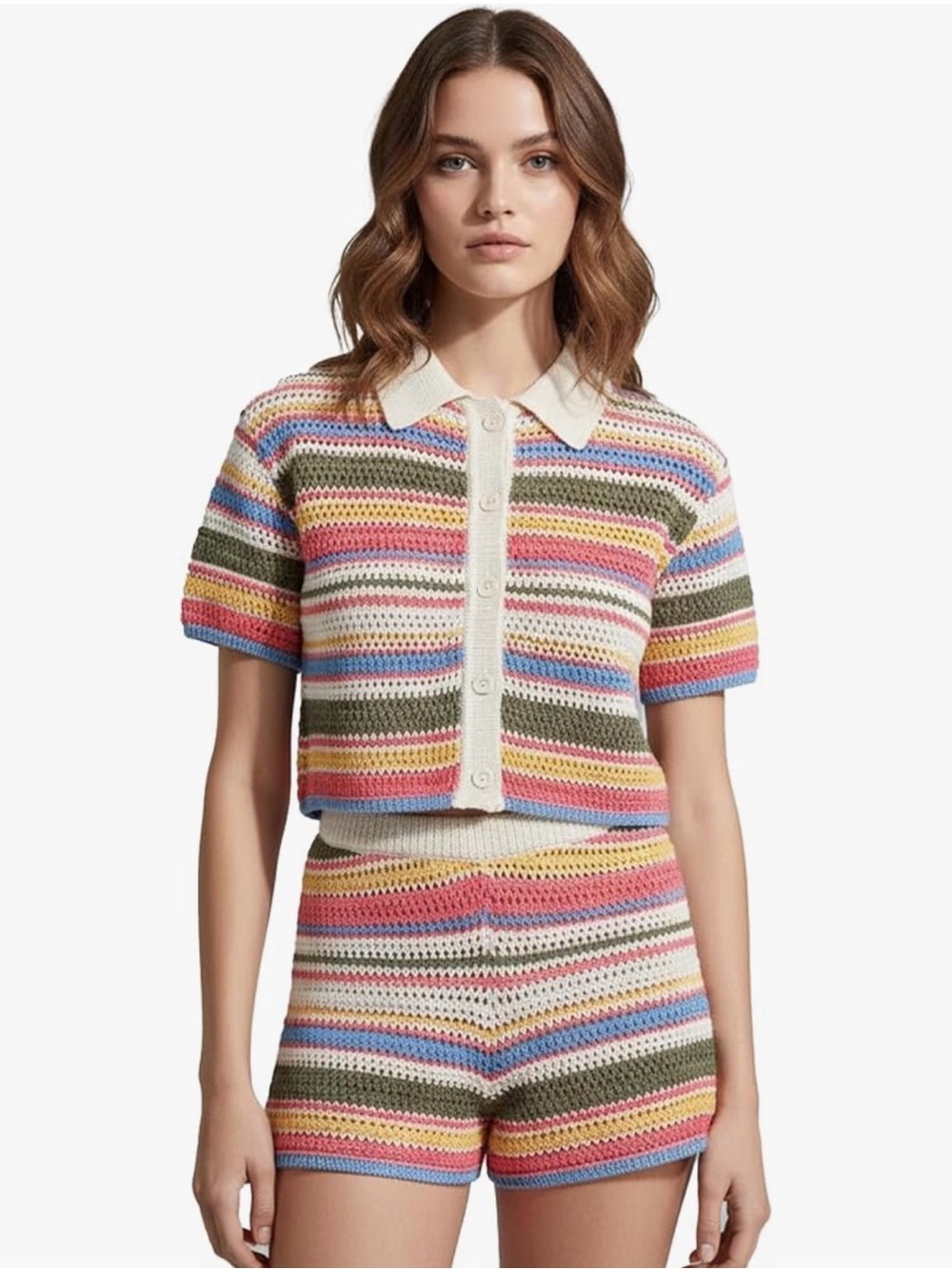 Multicolor Striped Crochet Button-Down Polo Top